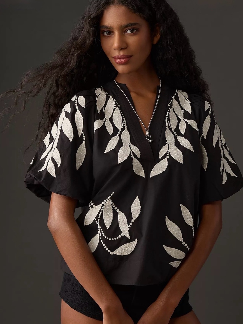 Anthropologie Puff-Sleeve Embroidered Blouse